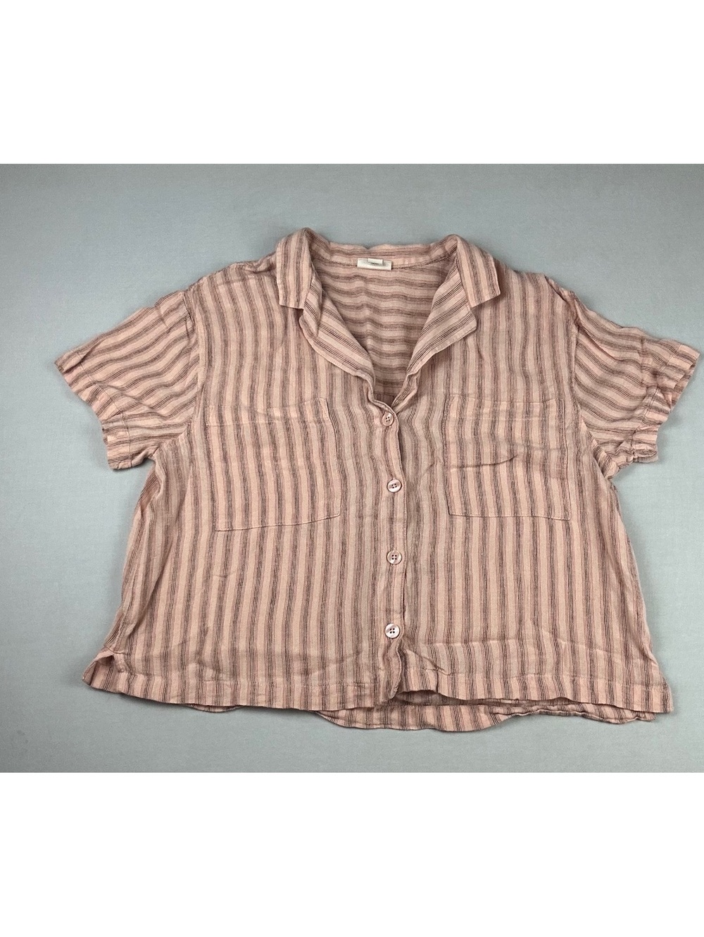 Ana Brand Linen Blend Short Sleeve Stripe Button Up Cropped Top - Women Size L